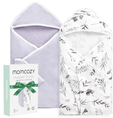 momcozy badhandduk med huva 2-pack | Baby badhandduk med huva och bomull frotté | stor 90 x 90 cm (35 tum) | badhandduk-set för pojkar/flickor från nyfödda till småbarn, färgat blad