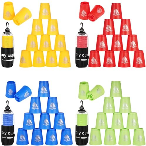 byepica 48-teiliges Sport Stapelbecher Set, Pferdemuster-Design, Geschwindigkeitstraining-Herausforderung für alle Altersgruppen, Plastik-Stapelbecher für Familienspaß, Rot, Blau, Grün, Gelb