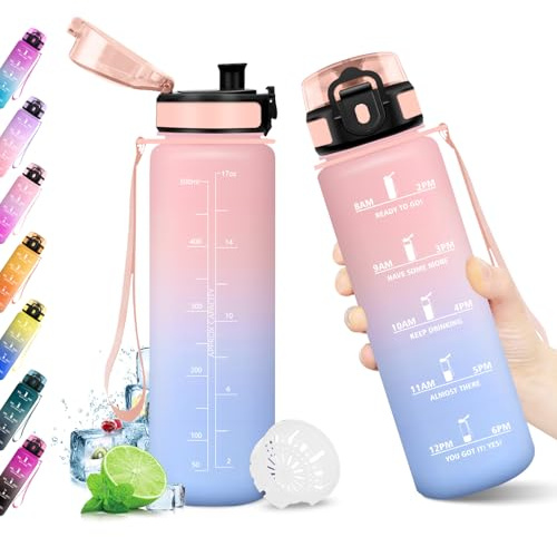 KollyKolla Gourde 500ml, Bouteille Motivation Étanche, Bouteille avec Filtre sans BPA, Gourde Sport avec Marqueur de Temps, Réutilisable pour Enfant, l'école, Sport, Bureau, Yoga, Camping