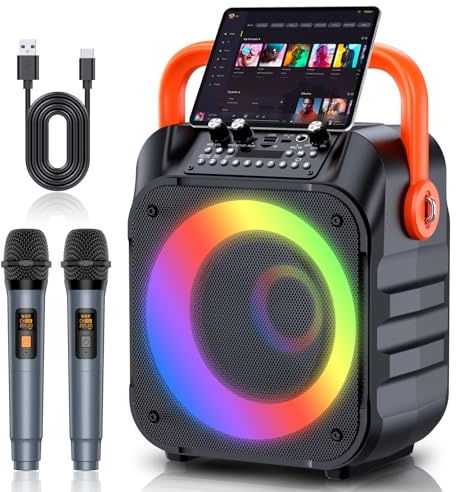 Máquina de karaoke, altavoz de karaoke portátil con 2 micrófonos inalámbricos, máquina de karaoke para adultos y niños, altavoz Bluetooth compatible con TWS/USB/REC/FM/AUX, tarjeta TF para fiesta en
