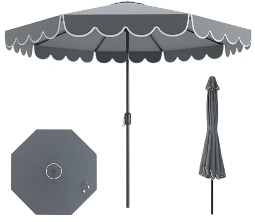 COSTWAY 2.71M/2.8M/3M Garden Parasol, 8 Ribs Heavy-Duty Sun Shade Canopy with Tilt and Ruffled Edges, Outdoor Market Table Umbrella for Beach Balcony Pool(Grey+Black, 3m)