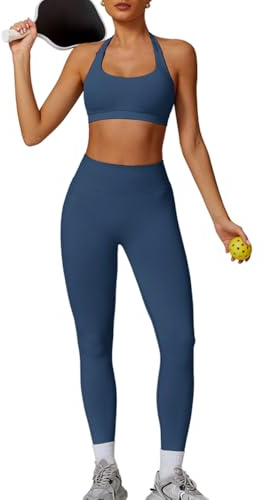 JN JANPRINT Set di abbigliamento senza cuciture per palestra da donna, 2 pezzi, Reggiseno sportivo halter senza spalline, Leggings a vita alta nascosti, Outfit da yoga, Tuta da allenamento da palestra