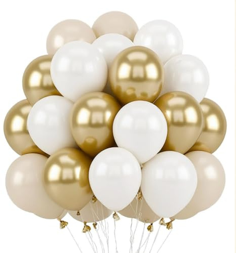 Sand White and Gold Balloons，12 Inch 60 Pcs White Metallic Chrome Champagne Beige Balloons for Birthday Baby Shower Bridal Boho Wedding Party Decorations