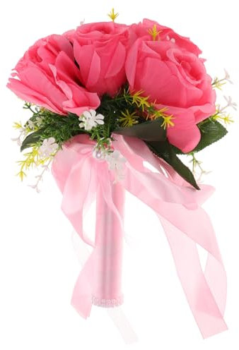 VICASKY Bouquet da Sposa Artificiale Rosa con Fiocco per Damigelle Fiori Faux Eleganti e Leggeri per Decorazioni Matrimoniali e Feste Colore Rosa