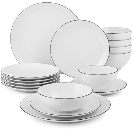Kütahya Porselen Zeugma Service de table 24 pièces pour 6 personnes – Service de table moderne en porcelaine noir et blanc avec assiettes plates de 25 cm