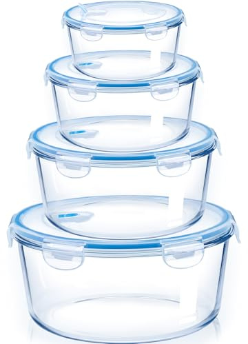 NUTRIUPS Große Glas-Frischhaltedosen mit Deckel, Auflaufform mit Deckel, Glasbehälter mit Deckel, 4-teiliges Set (1, rund)