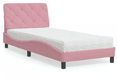 Ordellia Rosa sammetssäng med madrass 90 x 190 cm, vågformsdesign, komfortskummadrass H2/H3, för sovrumsmöbler