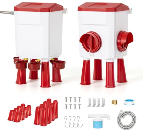 Todeco Futterautomat & Hühnertränke, 8 kg + 7 L, mit Schwimmerautomat | 2 Futteröffnungen, 4 Trinkschalen, Wasserhahnanschluss für automatische Wasserversorgung, Boden-, Hänge- oder Wandmontage