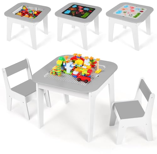 Clevich Kindersitzgarnitur mit Stauraum, Kindertisch mit 2 Stühlen, Grau | Kinder Tisch Stuhl Set, Kindersitzgruppe, Maltisch & Bauplatte & Aktivitätstisch, Kindermöbel für Kinderzimmer, ab 3+ Jahren