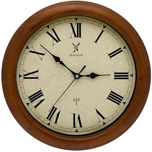 Holzwerk VELBURG (Funk) 35cm Natur Vintage Retro Holz Funk Glas Rund Wanduhr Holz-Uhr Funkwanduhr mit Römischen Ziffern Funkuhr nahezu lautloses Uhrwerk leise Massivholz Natur 14 Zoll Braun