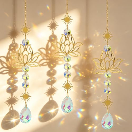 LEIMEND 3 Pezzi Acchiappasole Cristallo Acchiappa Sole Fiore di Loto Acchiappasole da Appendere Pendenti Prismi Cristallo Sun Catcher Adatto per la Casa il Balcone I'ufficio e il Giardino