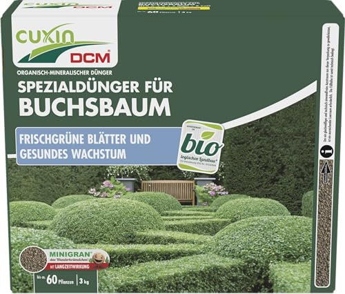 CUXIN DCM Spezialdünger für Buchsbaum - Spezialdünger - Langzeitdünger - Mit MINIGRAN® TECHNOLOGY - Mit Magnesium und Meereskalk - Bio - organisch-mineralischer NPK-Dünger - 3 kg