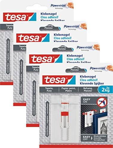 tesa Verstellbarer Klebenagel für Tapeten und Putz / Selbstklebender Nagel von tesa Powerstrips / 8 x 2 kg Halteleistung