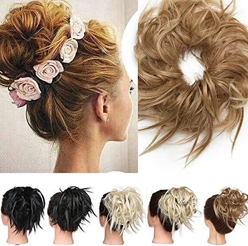 Silk-co Haarteil mit Gummiband, synthetisches gelocktes Dutt Haargummi mit Haaren, Haarverlängerung Pferdeschwanz Hochsteckfrisuren Scrunchie Messy Bun für Damen, 45 g Hellbraun & Aschblond