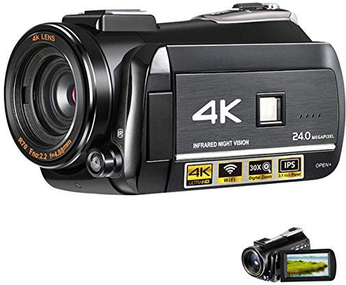 0℃ Outdoor Videocamera 4K Videocamera con Luce di Riempimento a LED, Videocamera Youtube Vlogging FHD da 24 MP, Videocamera con Visione Notturna a Infrarossi, Uscita Webcam e TV