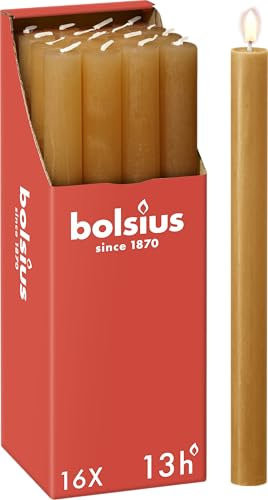 Bolsius Rustic Dinner Candles - Yellow - Pack of 16 - Long Burning Time of 13 Hours - Household Candle - Interior Decoration - Unscented - Includes Natural Vegan Wax - 27 x 2.3 cm