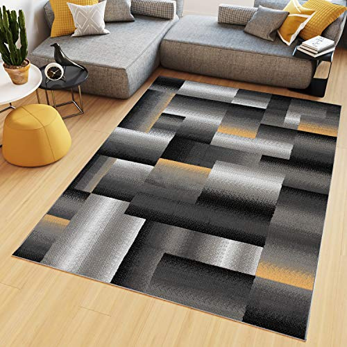 TAPISO Maya Kollektion Teppich Kurzflor Modern Vierecke Streifen Design Schwarz Grau Gelb Weiß Meliert Verwischt Wohnzimmer Schlafzimmer ÖKOTEX 80 x 150 cm
