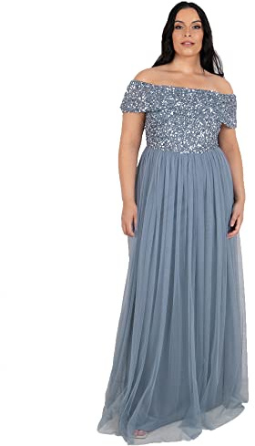 Maya Deluxe Abendkleid Damen Brautjungfernkleid Bardot Paillettenverzierung Abendkleid Elegant für Hochzeit Tüllkleid