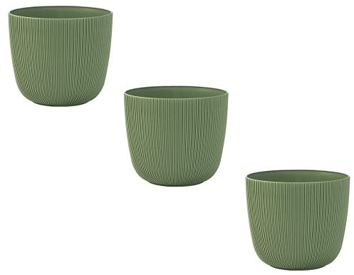 Engelland - 3 x Blumentopf mit Drainagesystem, Moos-Grün, Rillenoptik, Pflanz-Topf, Kübel, modern, widerstandsfähig, rund, wetterfest, Kunststoff, Ø 10 cm, 0,5 Liter