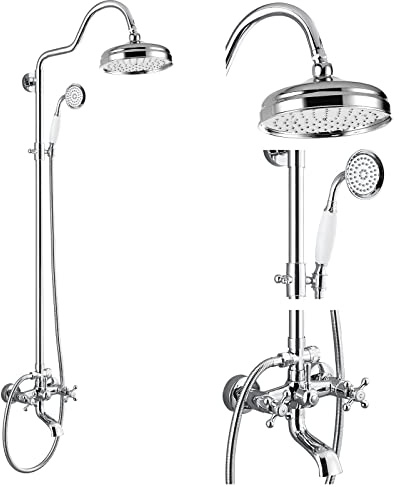 gotonovo Freiliegendes Badezimmer-Duschsystem, Vintage-Duscharmatur, 20,3 cm, Regenduschkopf, Handbrause-Wannenfüller, Messingrohr, 3-Funktions-Wandhalterung, doppelte Kreuzknöpfe, poliertes Chrom