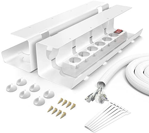 Bubulii Cable Management Escritorio, Cubierta de Cable de Gran Capacidad, Cable fácil de Montar con 6 portacables, 6 Cables Adhesivos mágicos, 1 x 100 cm de Manguera de Cable (2 Unidades, Blanco)