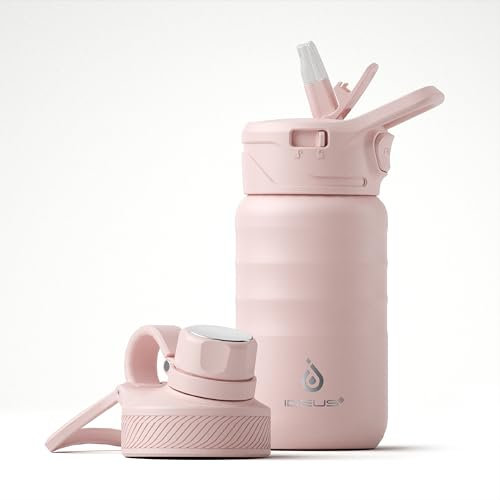IDEUS Insulated Water Bottle with Straw 12 Oz (360 ml), with 3 Leak-Proof Wide Mouth Lids Stainless Steel Water Bottles, Keeps Hot & Cold, Great for Hiking & Biking, Light Pink