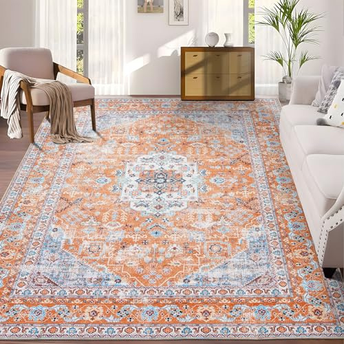 Taleta KALINA Washable Rugs Living Room Large Orange Non Slip Vintage Rug for Bedroom Soft Short Pile Oriental Area Rugs Kitchen Carpets for Dining Room (Orange, 190 x 280 cm)