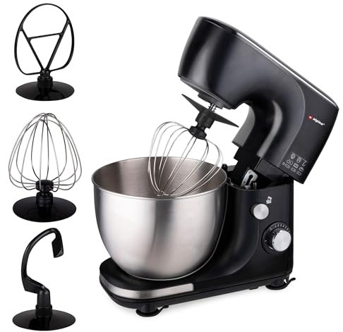 alpina Küchenmaschine - 3 Zubehörteile - Edelstahlschüssel - Schüsselbeleuchtung - Kneten, Mixen, Schneebesen - Schwarz