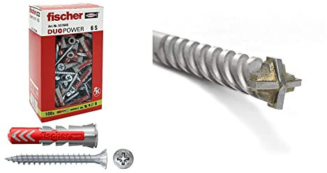 Fischer 537646 Tassello con Vite Duopower, Grigio/Rosso, 6 x 40 mm & D-SDX Punta trapano 6 mm Cilindrica a Quattro Taglienti, per Muro Calcestruzzo e Pietra