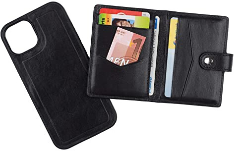 HANS/SON Étui en cuir véritable pour iPhone 13 avec portefeuille magnétique pour cartes de crédit Noir