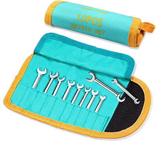 GOLD DEER 10 pezzi Mini doppia chiave aperta Set di chiavi metriche standard 4-11mm Extra Slim Open End Angle Set con custodia per rulli, piccola doppia chiave aperta