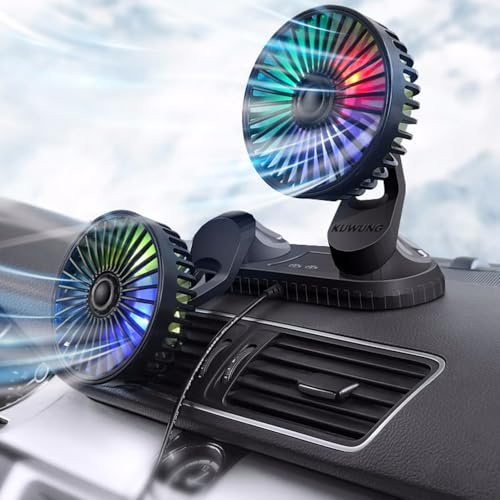 KUWUNG Dual Head Car Fan with LED Light, 12V/24V USB Powered Cooling Fan, 3-Speed Strong Wind 360° Rotation, Portable Dashboard Auto Fan for Car, Truck, Van, Campervan, Office