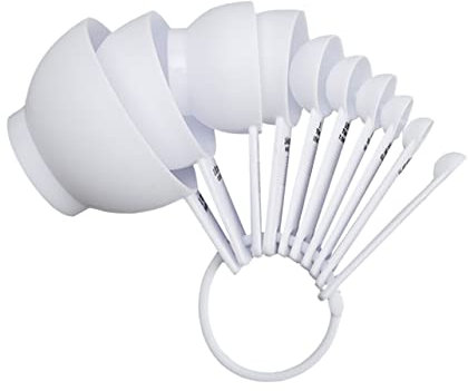 BESTonZON Baking Measuring Spoons and Measuring Cups Set 10pcs White Plastic Scale for Kitchen Flour Powder Metering Cooking Baking Tools