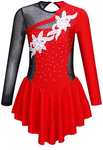 MSemis Vestido de Baile Patinaje ArtIstico Niña de Manga Larga con Lentejuelas Brillantes Maillot Competición Patinaje Vestido de Gimnasia Rítmica B Rojo 11-12 años