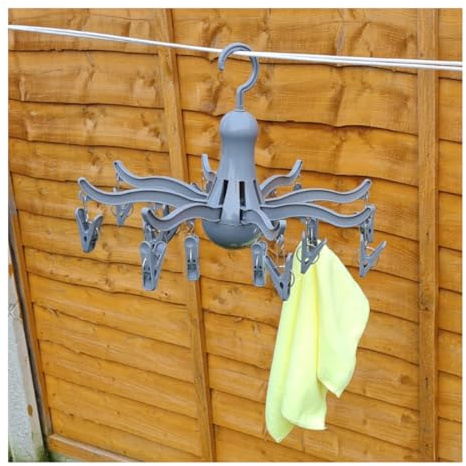 HV HOME VALE Octopus Drying Hanger 8-Claws with 16 Clothes Pegs, Easy to Fold and Store Laundry Airer, Indoor & Outdoor Clothes Dryer, Compact Space Saving Design (Grey)