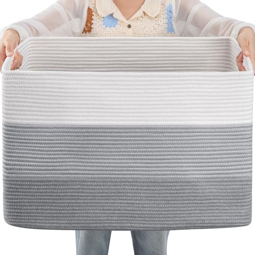OIAHOMY 108L Large Cotton Rope Basket, Rectangle Woven Baskets for Storage, Nursery Blanket Storage Living Room, Toy Basket With Handle-25”x16”x16”-Gradient Grey