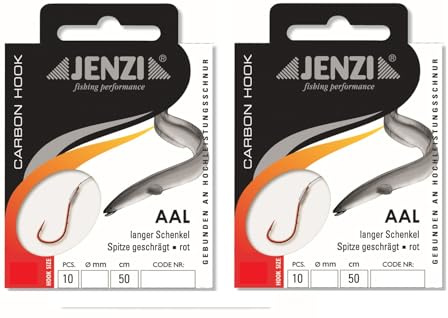 Set: 2 Packungen gebundene Aal Haken von Jenzi, (20 Stück) an Mono Schnur Vorfach fertig + gratis Petri heil! Aufkleber.