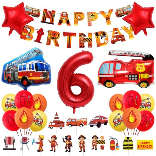 Geburtstagsdeko 6 Jahre Junge Feuerwehr Geburtstag Deko Feuerwehrwagen Folienballon Deko Kindergeburtstag Feuerwehrauto Luftballons Kuchendeko für Babyshower Jungen Party Dekoration