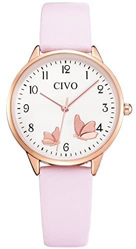 CIVO Montre Femme Bracelet Cuir-Rose - Élégant Montre Design Femme Étanche à Quartz Analogique Mode Montres Dames, Cadeau pour Femme