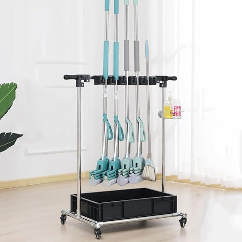 HACSYP Multifunktionaler Reinigungswagen, Mopp-Clip, Eckraum-Organizer, mobiler Werkzeug-Mopp-Besenhalter, mit Rädern und Haken, for Garten, Garage, Schule, Hotel (Size : Single Row Rack)