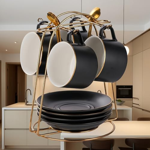 HSTWODE-Tassen & Untertassen von 4 (150 ml), Luxus-Teetasse Set mit goldenen Trimm, Kaffeetasse mit Henkel, britischer Königlicher Porzellan Tassen - Weiß, Blau, schwarz (Mattes Schwarz)