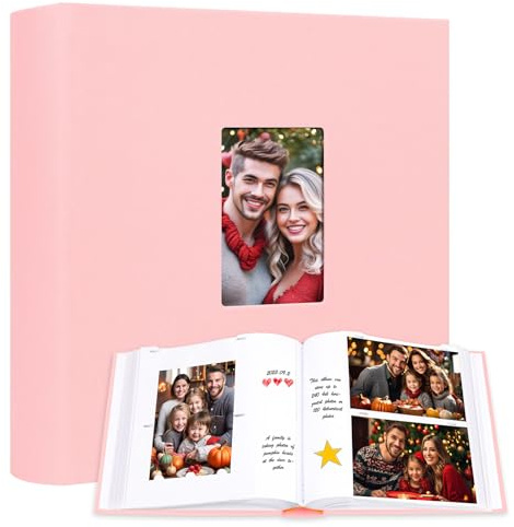 Photo Album 4x6 240 Photos with Writing Space, Linen Cover with Front Window, 240 Photos Horizontal and Vertical 4x6 Photo Album Book for Wedding Kids Travel Family Baby Pictures,Pink