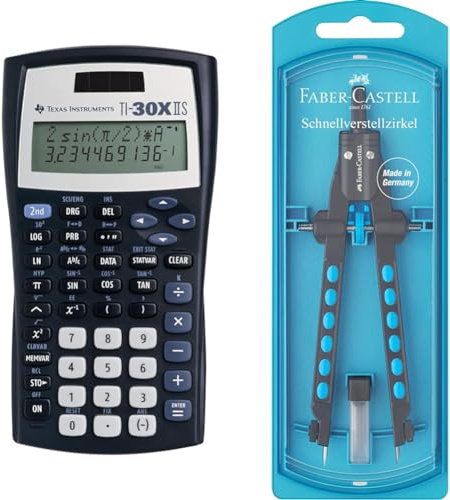 Texas Instruments TI-30 XIIS Schulrechner (zweizeilig, Solar- und Batteriebetrieb) Dunkelblau & Faber-Castell 174340 - Schnellverstell Zirkel, Factory, blau, 1 Stück