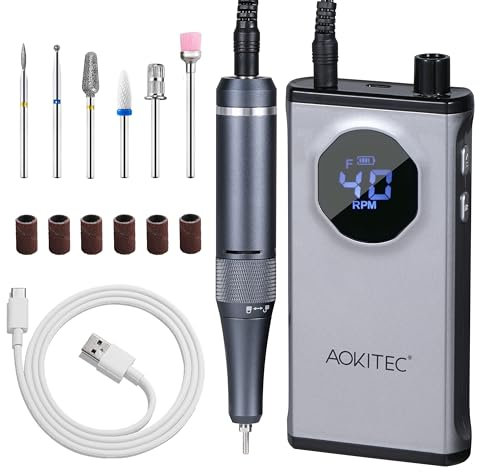 Aokitec Nagelfräser für Gelnägel - 4000 U/Min Wiederaufladbare Tragbare Elektrische Nagelfeile mit Nail Drill Bits & Schleifbändern zum Entfernen von Acryl-/Gelnägel, Maniküre-/Pediküre-Set
