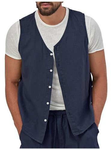 RUMAOZIA Herren Leinen Baumwolle Weste Sommer Strand Weste Leinenweste Sommer Anzug Weste V-Ausschnitt Leichte Freizeitweste Regular Fit ärmellose Anzug Weste Knopf Einfarbige Slim Fit Weste