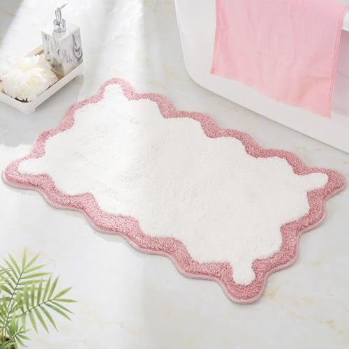 DyeFury Luxuriöser süßer Badezimmerteppich, weiße Badematte mit rosa gewelltem Rand, Mikrofaser, ästhetisch, trendig, flippig, lustig, adretter Teppich, extra weich, rutschfest, für Badewanne, Dusche