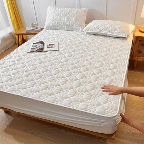 HAIBA SPANNBETTLAKEN 120 x 200 cm Weiß Gesteppter Matratzenauflage Spannbetttuch Feinjersey, gekämmte Baumwolle, superweich mit 30 cm Tiefe Tasche