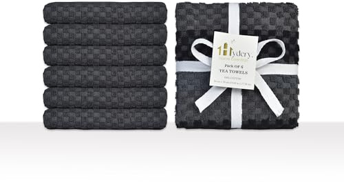 Hydery Stripe Tea Towels 100% Cotton – Pack of 6 Kitchen Towels, Super Soft & Absorbent Dish Cloths, Quick Dry & Reusable (Grey & Black, 60x40cm)