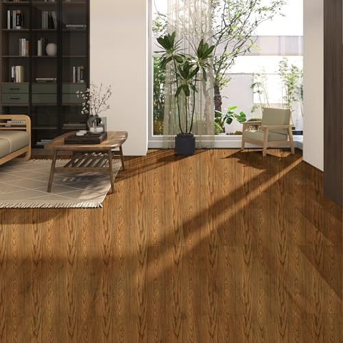 Shackcom Brown Wood Floor Tiles Roll Peel & Stick 1 Roll 15.7x 118.11, Thicken Self Adhesive Wood Grain Flooring Sticker, 3D Effect Contact Paper Removable Wallpaper for Bedroom Countertop Cabinet