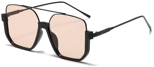 Long Keeper Gafas de Sol Piloto Moda para Mujer Hombre Gafas de Sol Cuadradas Grandes Retro Gafas de Piloto Metal Clasicas Protección UV400, 60MM (Montura Negro - Lente Marrón Claro)